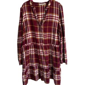 LOFT Burgundy, White and Yellow Plaid Side Tie‎ Ladies Flare Dress, XL